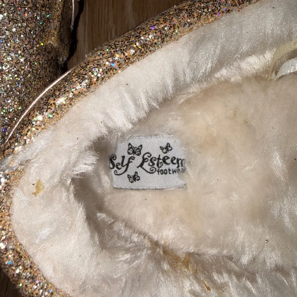 2 Pairs SELF ESTEEM Toddler Girls Glitter Moccasin Shoes Gold Flats Sizes 3 & 4